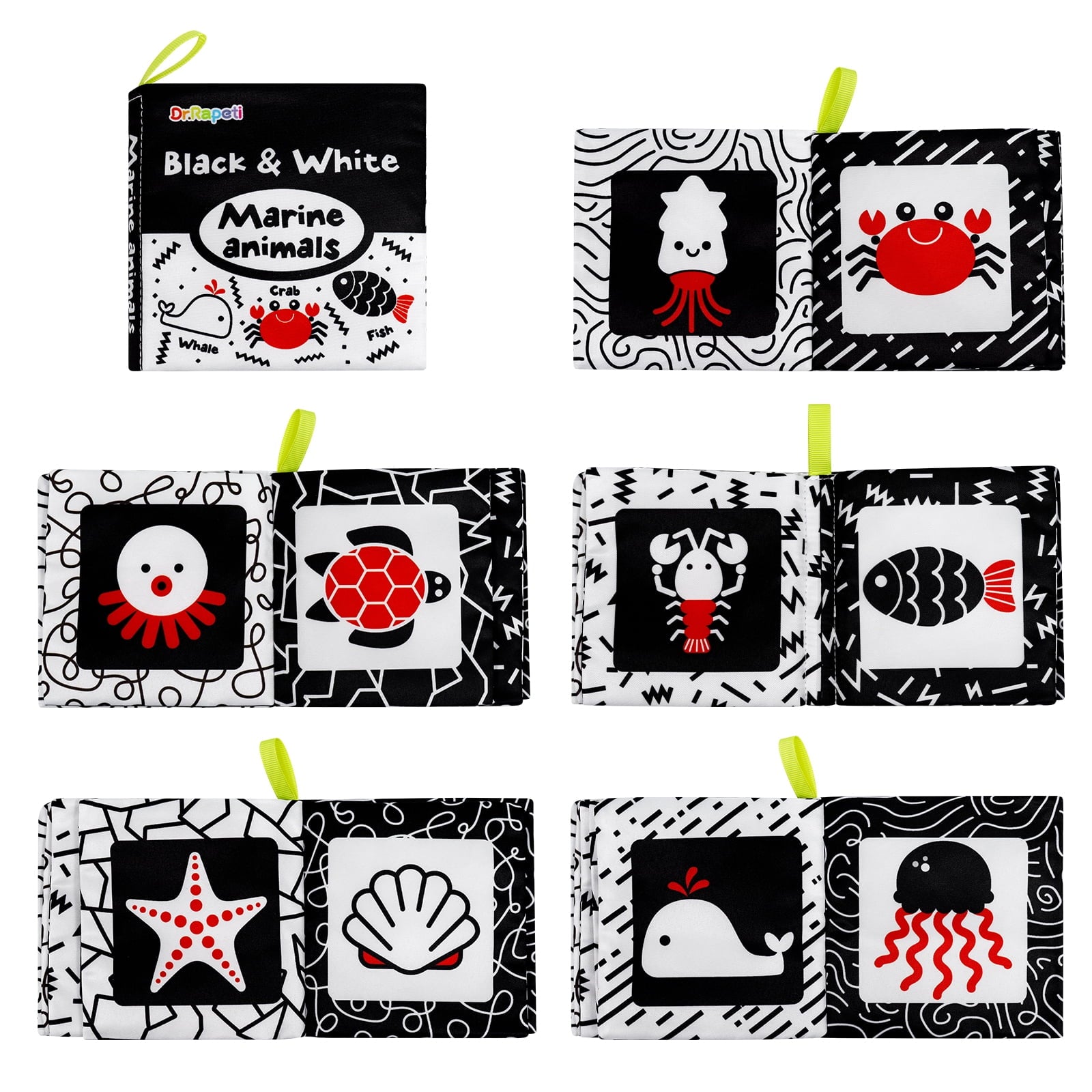Dr.Rapeti Soft Cloth Books Baby Books Bath Books 6-Pack for Baby Infant Toddler Kids High Contrast Black and White Crinkle Washable Giftable