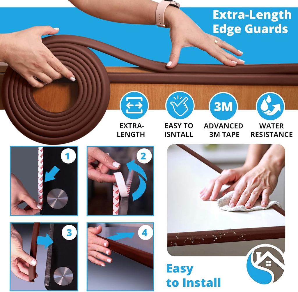 Komfortology Baby Edge Protector, 12 ft Brown Foam Corner Guard with 3M Adhesive Tape for Tables, Desks and Wall Corners