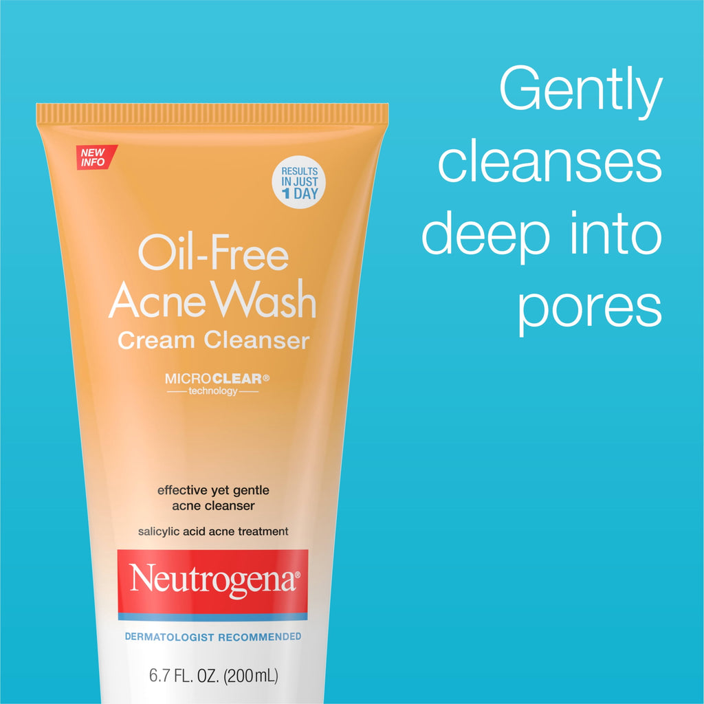 Neutrogena Oil-Free Acne Cream Cleanser, Salicylic Acid Face Wash & Acne Treatment, 6.7 fl oz