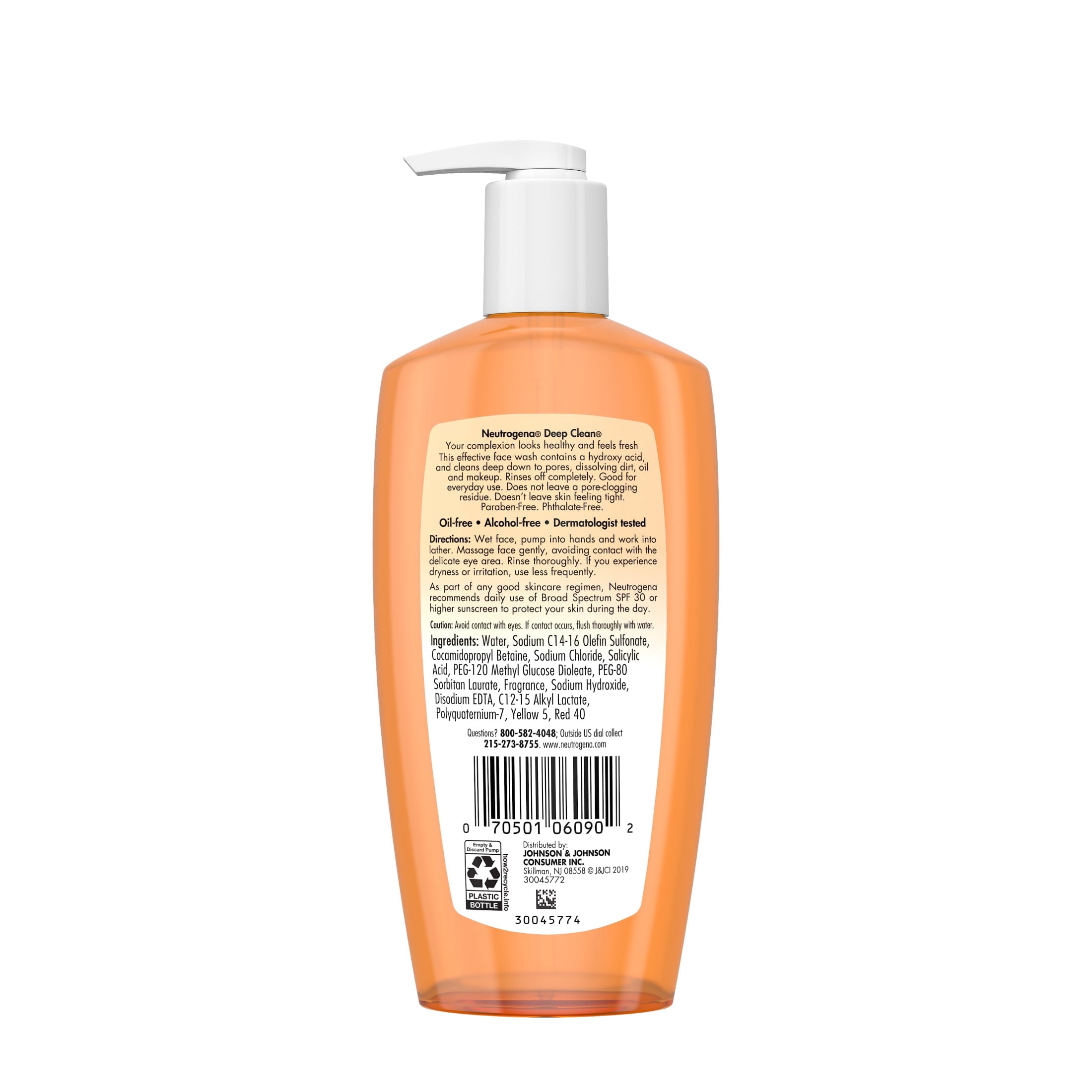 (3 pack) Neutrogena Oil-Free Deep Clean Daily Facial Cleanser, Face Wash, 6.7 fl. oz