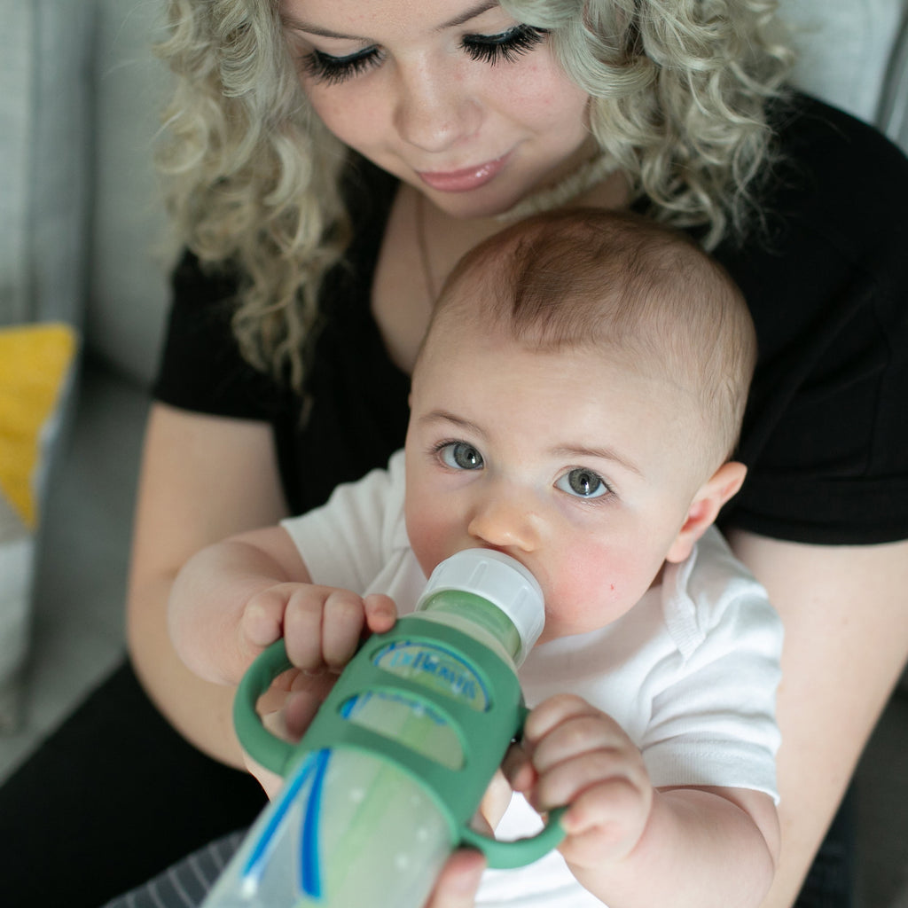 Dr. Brown's Milestones 100% Silicone Baby Bottle Handles, Narrow, 4m+, Light Blue/Green/Gray, 3 Pack