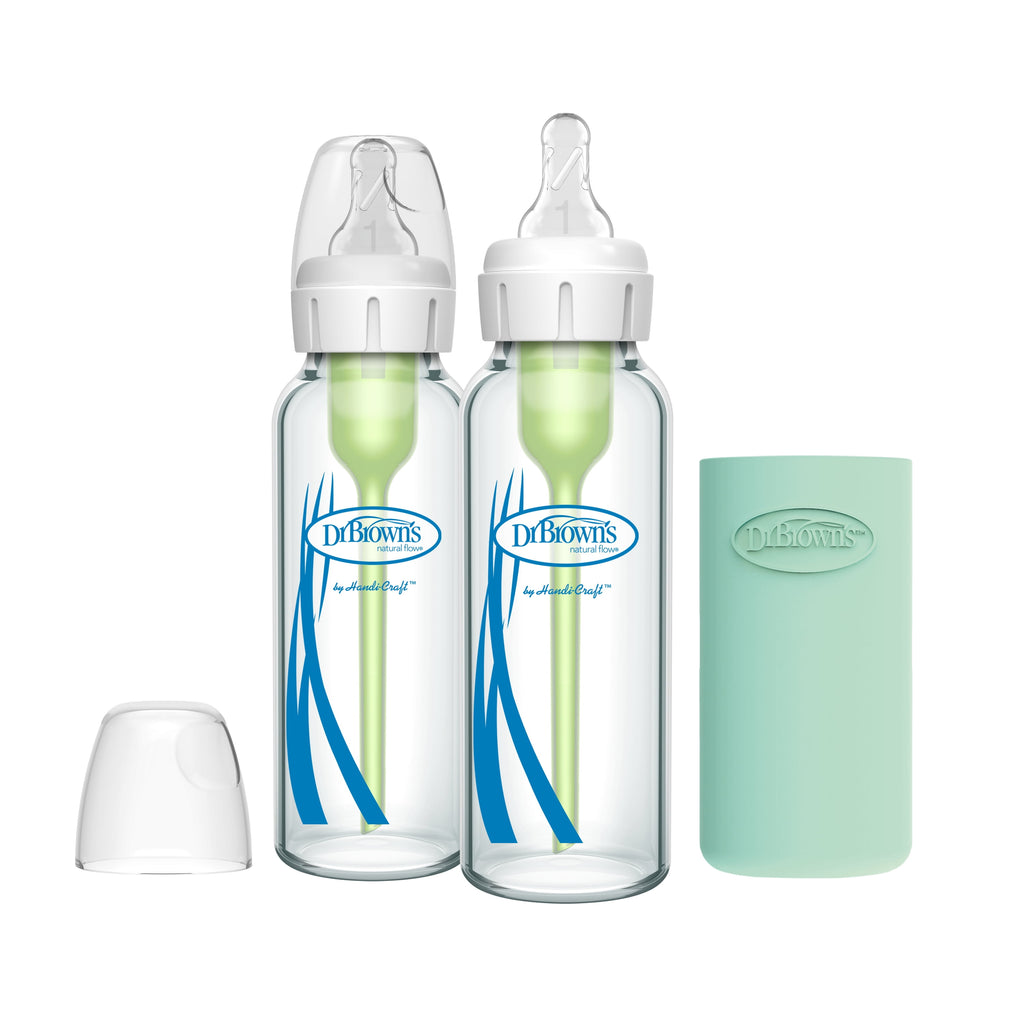 Dr. Brown's Anti-Colic Options+ Narrow Glass Baby Bottle, 8oz/250 ml, Slow Flow Nipple, BPA Free, 0m+, 2 Pack + Mint Silicone Sleeve