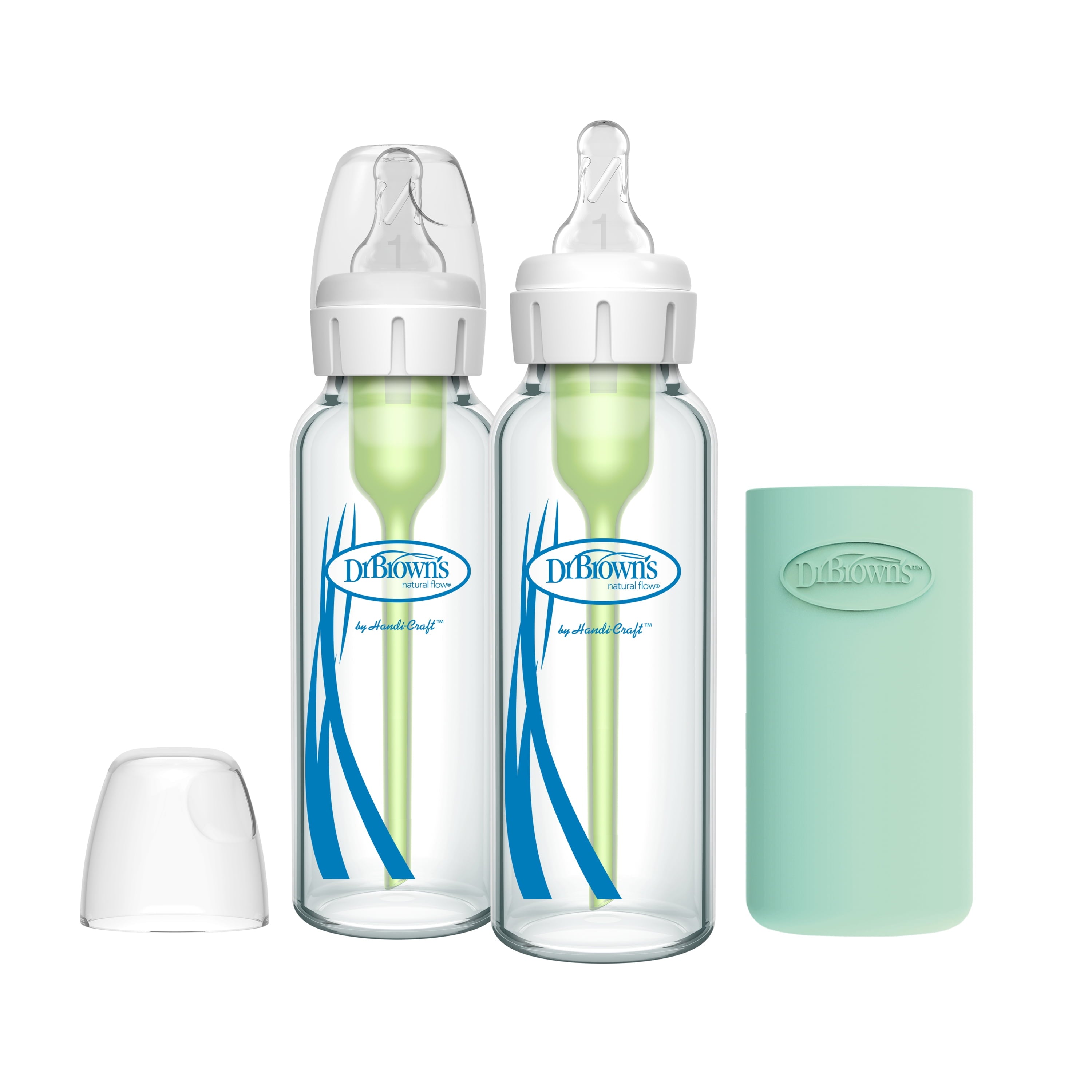 Dr. Brown's Anti-Colic Options+ Narrow Glass Baby Bottle, 8oz/250 ml, Slow Flow Nipple, BPA Free, 0m+, 2 Pack + Mint Silicone Sleeve