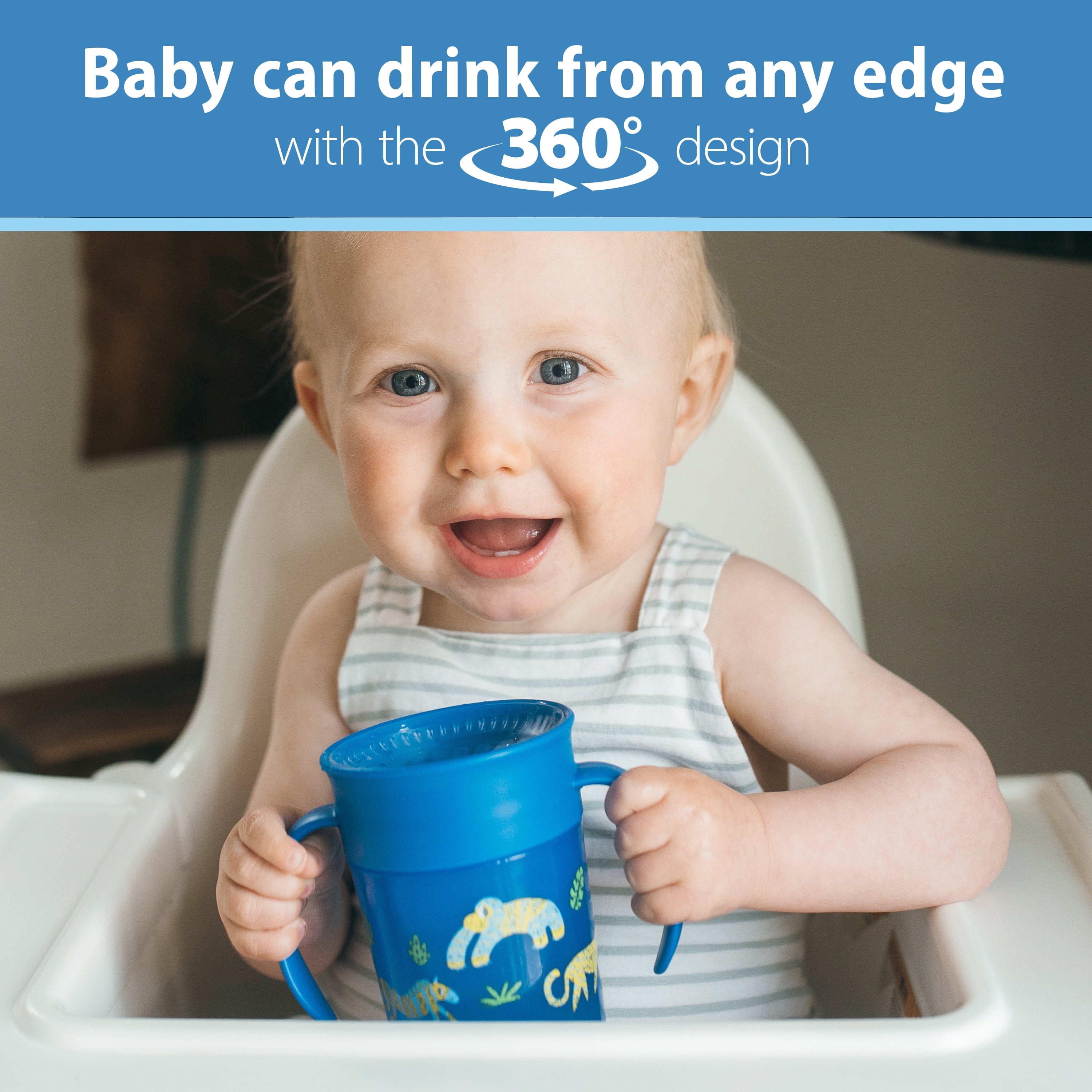 Dr. Brown's Milestones Cheers 360 Cup Spoutless Transition Cup with Handles for Easy Grip and Leak-Free Learning, Blue Safari, 7 oz/200 mL, 6m+