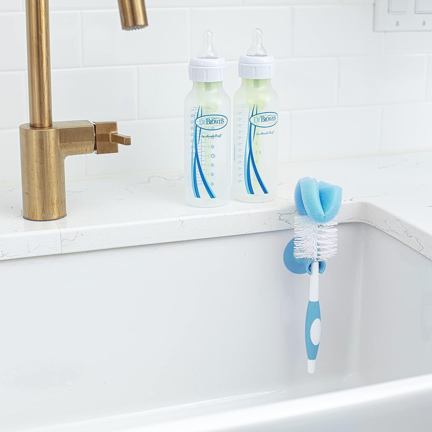 Dr. Brown's Baby Bottle Brush with Suction Cup Stand, Sponge, Scrubber & Nipple Cleaner Blue, 3 Pack