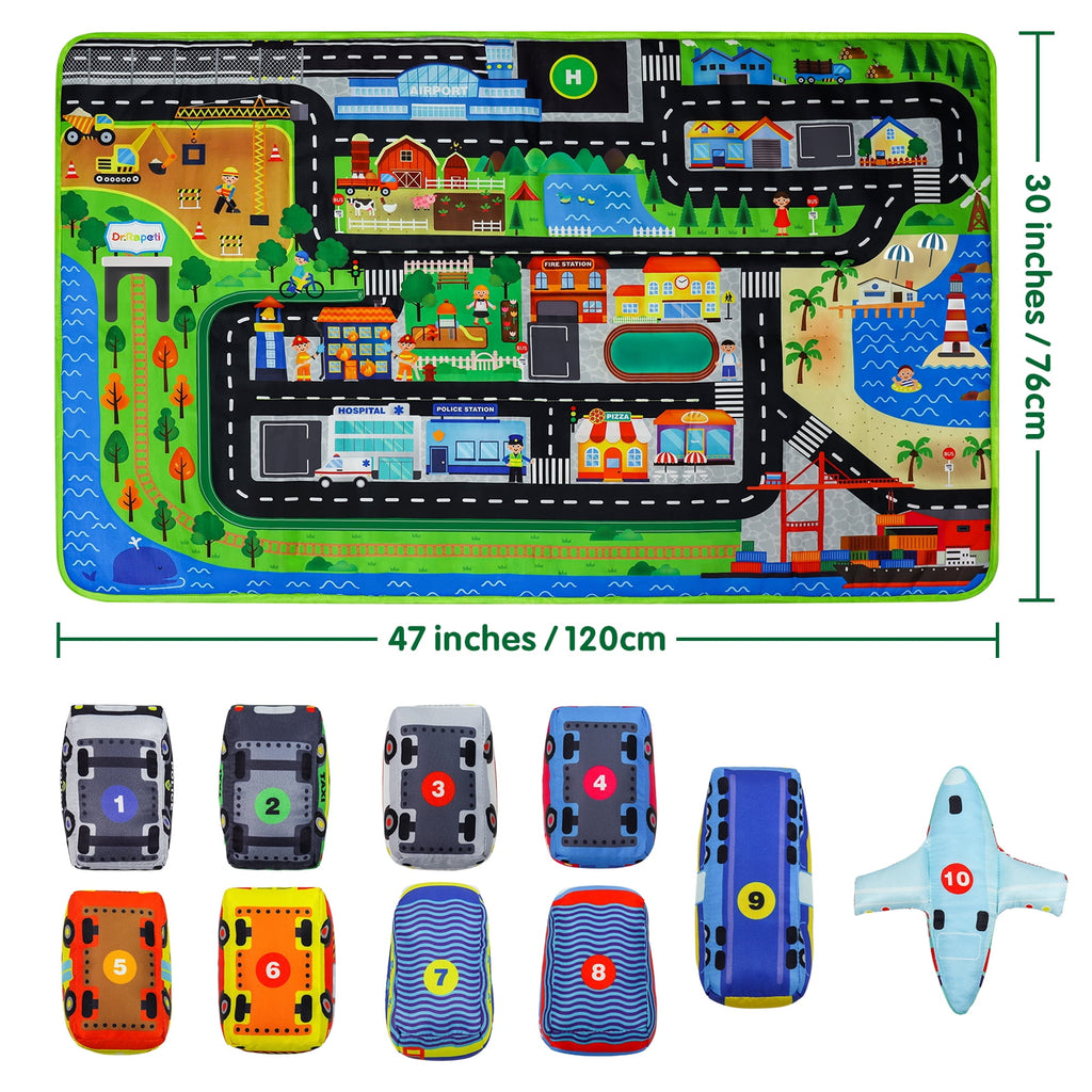 Dr.Rapeti Soft Toy Car Set for Baby Infant Toddler Kid 1 Play Mat 10 Soft Toy Cars 47x30inches Washable Gift