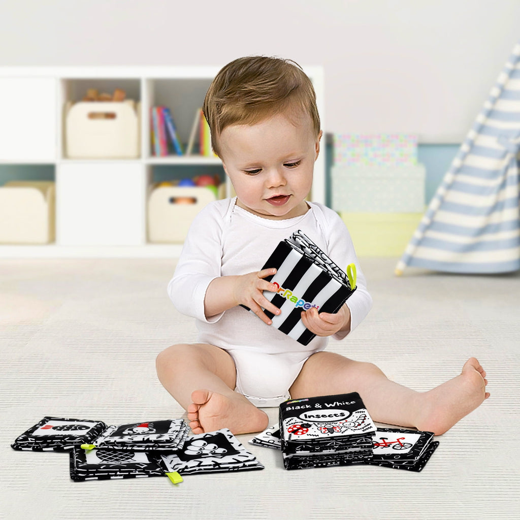Dr.Rapeti Soft Cloth Books Baby Books Bath Books 6-Pack for Baby Infant Toddler Kids High Contrast Black and White Crinkle Washable Giftable