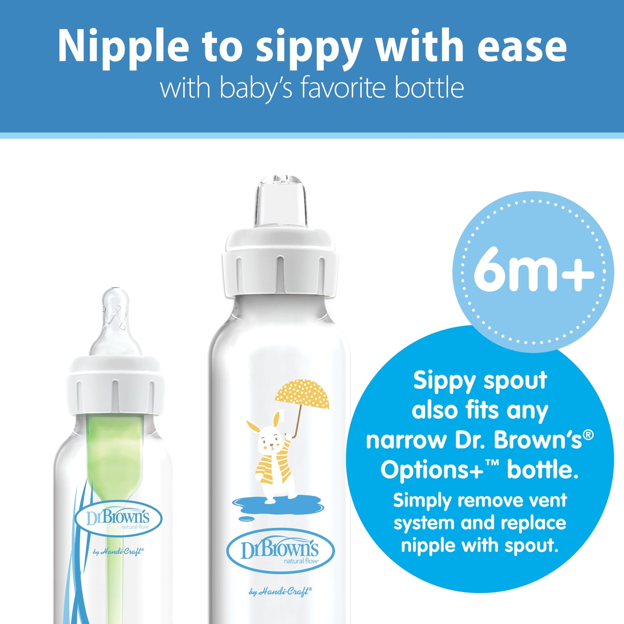 Dr. Brown's Milestones Narrow Sippy Bottle, 100% Silicone Spout, 8oz, Flamingo/Bunny, 6m+, 2 Pack