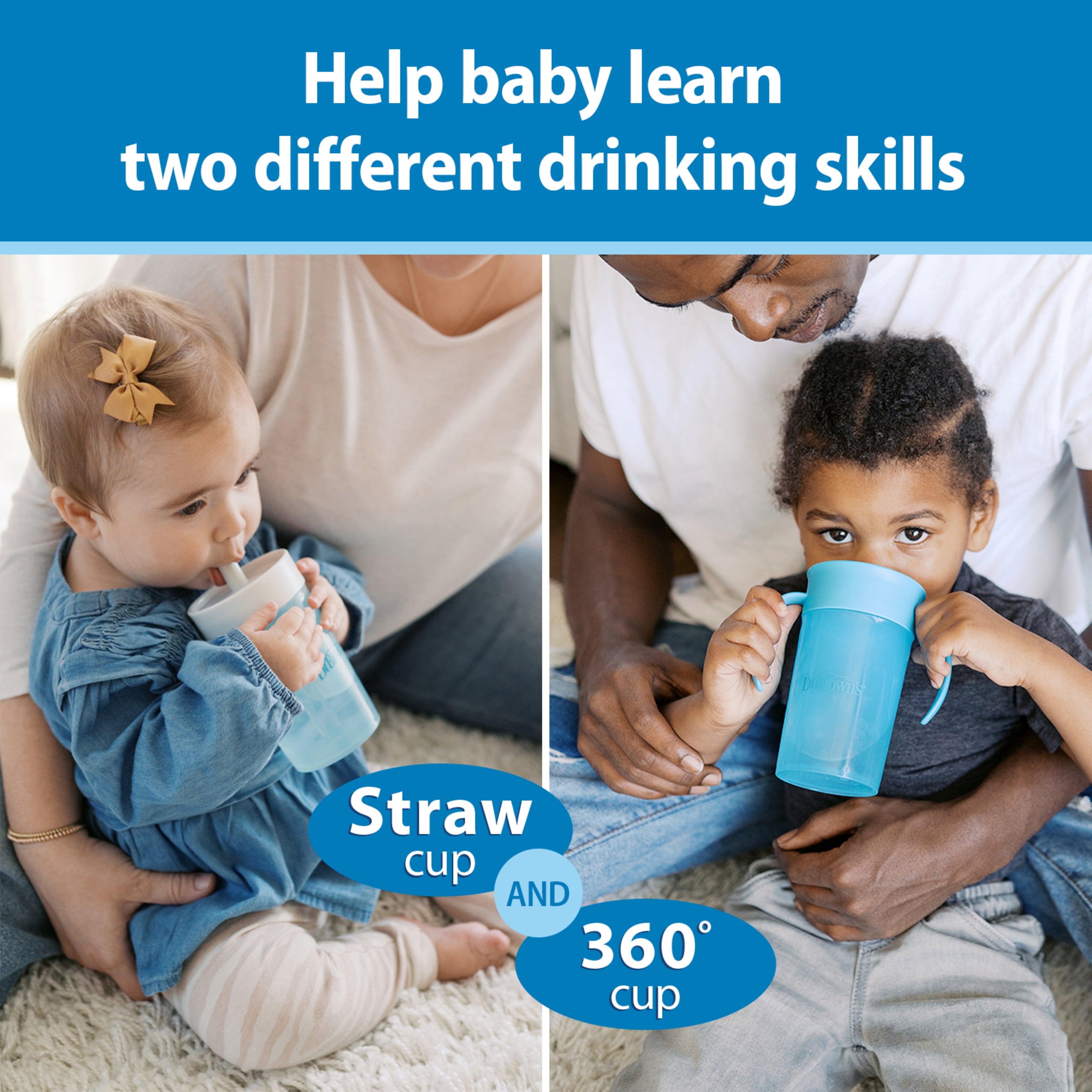 Dr. Brown's Milestones Straw to 360 Convertible Training Cups, Ocean Blue, 2-Pack