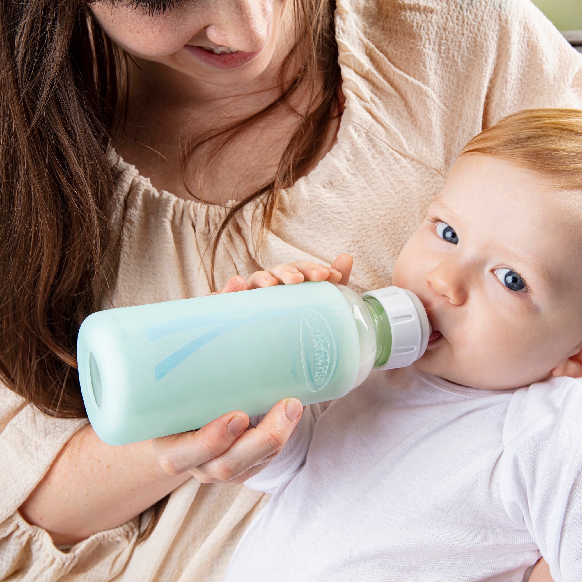 Dr. Brown's Anti-Colic Options+ Narrow Glass Baby Bottle, 8oz/250 ml, Slow Flow Nipple, BPA Free, 0m+, 2 Pack + Mint Silicone Sleeve
