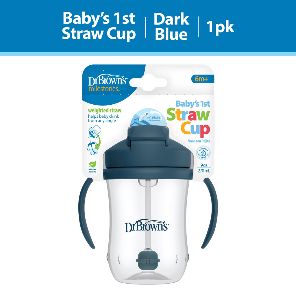 (3 pack) Dr. Brown's Milestones Baby's First Straw Cup, Training Cup with Weighted Straw, 9oz/270ml, Dark Blue, 6m+