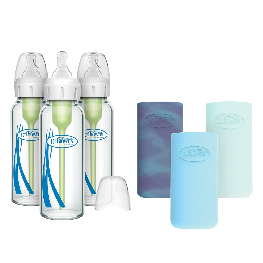 Dr. Brown's Natural Flow Anti-Colic Options+ Narrow Glass Baby Bottle, 8oz, Blue/Glow Sleeves, 3 Pack