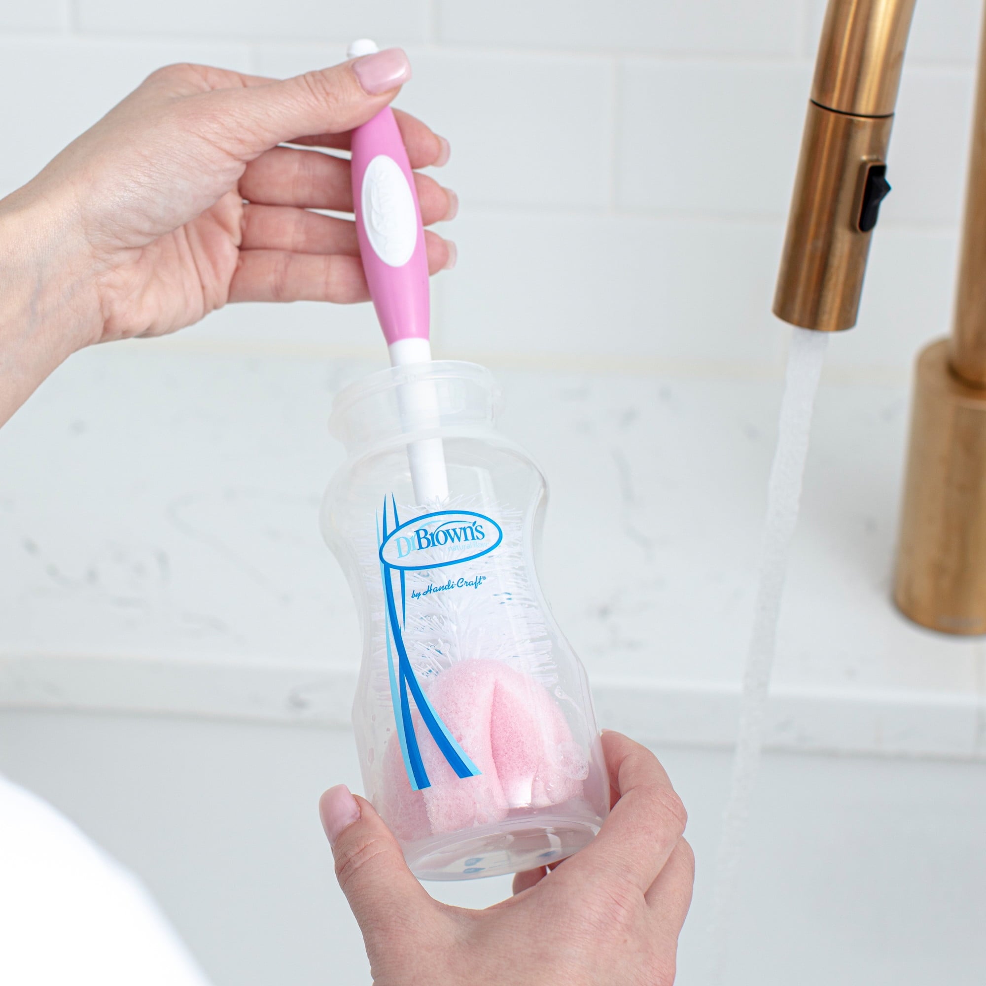 Dr. Brown's Baby Bottle Brush with Suction Cup Stand, Sponge, Scrubber and Nipple Cleaner Pink, 1 Pack