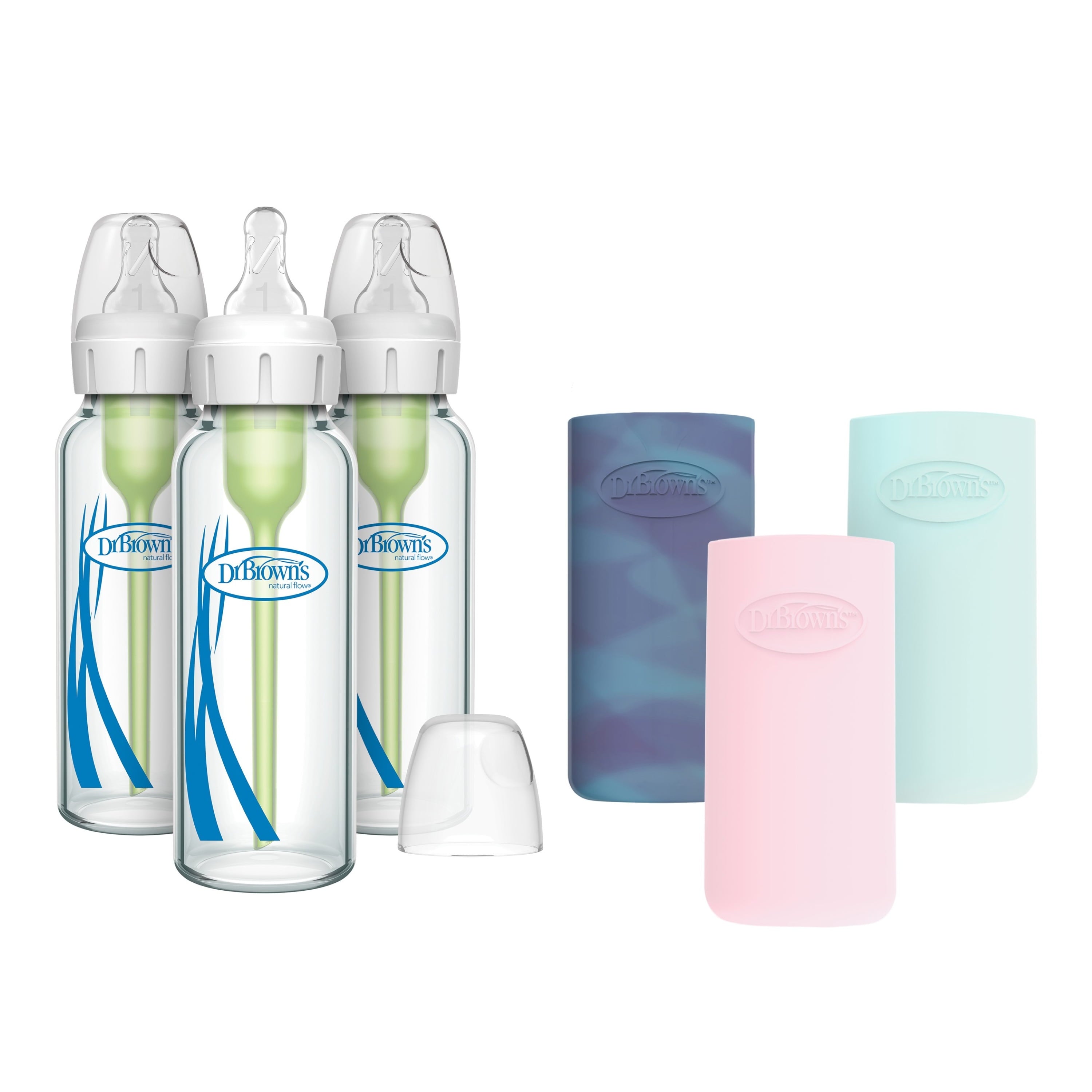 Dr. Brown's Natural Flow Anti-Colic Options+ Narrow Glass Baby Bottle, 8oz, Pink/Glow Sleeves, 3 Pack