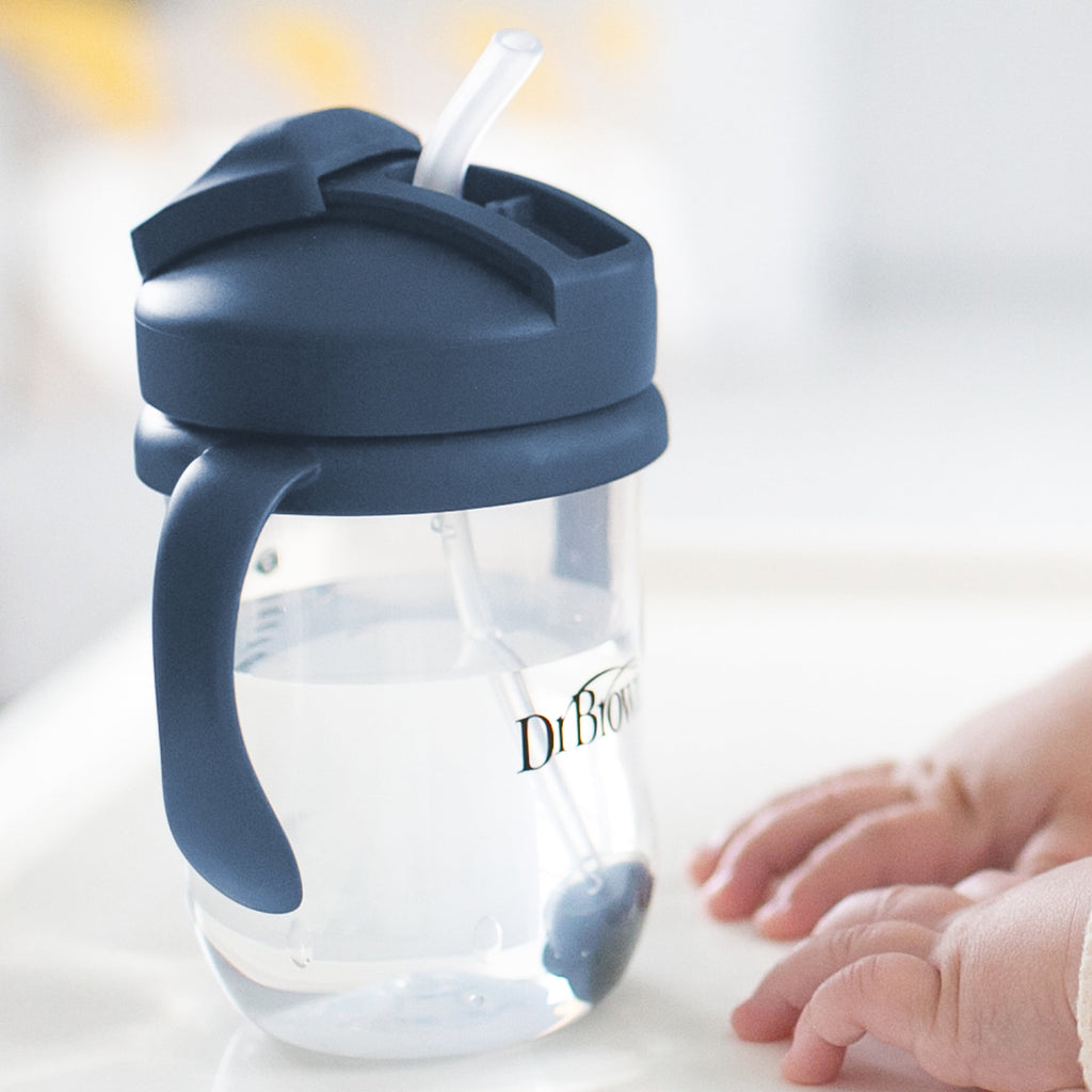 (3 pack) Dr. Brown's Milestones Baby's First Straw Cup, Training Cup with Weighted Straw, 9oz/270ml, Dark Blue, 6m+
